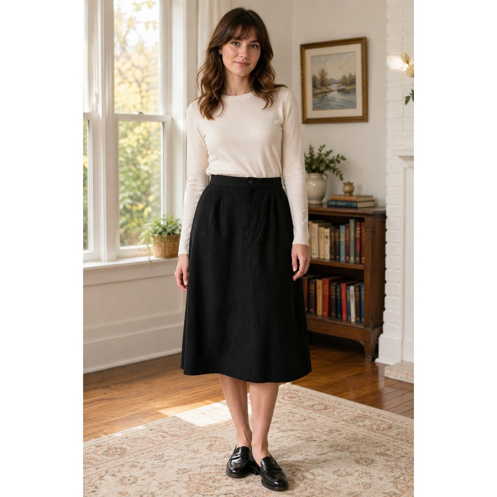 LL Bean Vintage Black 100% Wool Midi Skirt Made in USA 12 High Waist Pleated